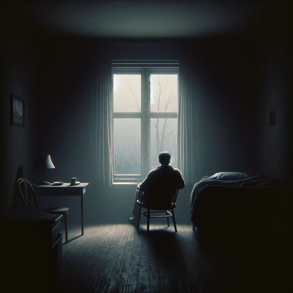 Man sitting in dark room looking out of the window.