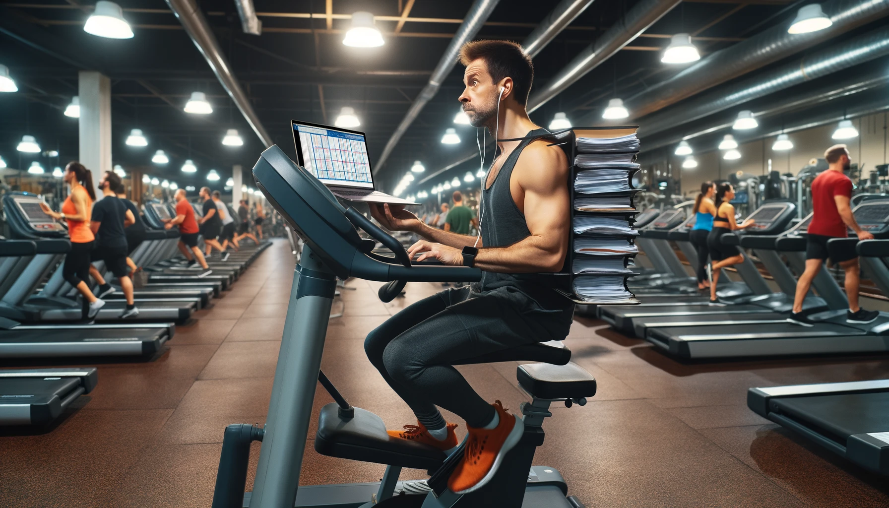 Man exercising at the gym while working on a laptop.