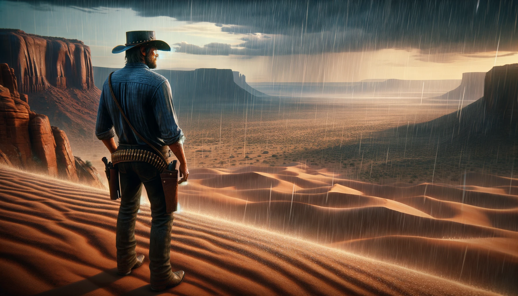 Lonely cowboy looking out over the desert in the rain.