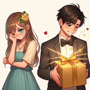 Male distracted by shiny new gift while female partner cries.